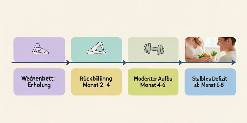 Zeitstrahl von Geburt bis Monat 12 – mit eingezeichneten Phasen: „Wochenbett (Erholung)", „Rückbildung (Monat 2–4)", „moderater Aufbau (Monat 4–6)", „stabiles Defizit möglich (ab Monat 6–8)"