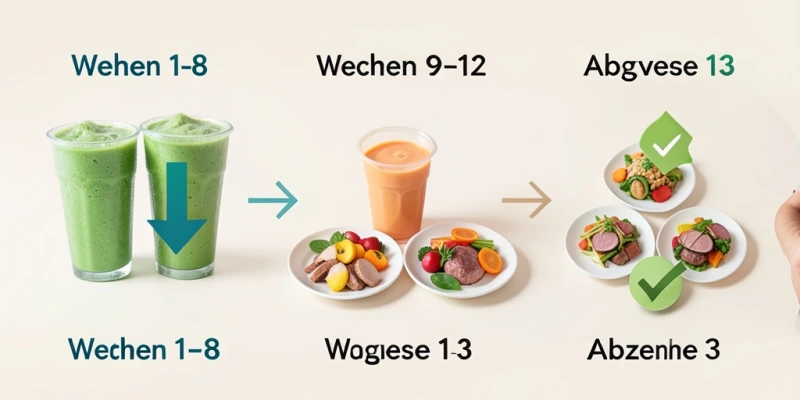 Zeitstrahl: Wochen 1–8 (Shake-Phase mit Kaloriendefizit), Wochen 9–12 (Übergangsphase: ein Shake, zwei normale Mahlzeiten), ab Woche 13 (normale Ernährung mit neuen Gewohnheiten) – mit kurzen Beschriftungen je Phase