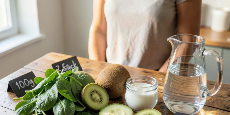 Zutaten des Basisrezepts auf einem Tisch – Spinat, halbe Gurke, Kiwi, Joghurtglas, Wasserkrug – inklusive grob beschrifteter Mengenangaben