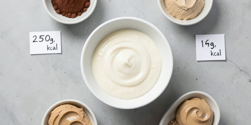 Zutatenlayout für Schoko-Quark: 250 g Magerquark in einer weißen Schüssel, daneben 1 EL Kakaopulver, 1 TL Erythrit, 1 EL Mandelmus – alle Zutaten beschriftet mit Gramm und Kalorien