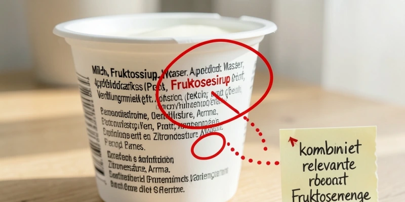 Zutatenliste eines typischen „Light"-Joghurts mit Markierungen: Fruktosesirup an zweiter Stelle, Apfeldicksaft an fünfter Stelle – kombiniert ergibt das eine relevante Fruktosemenge