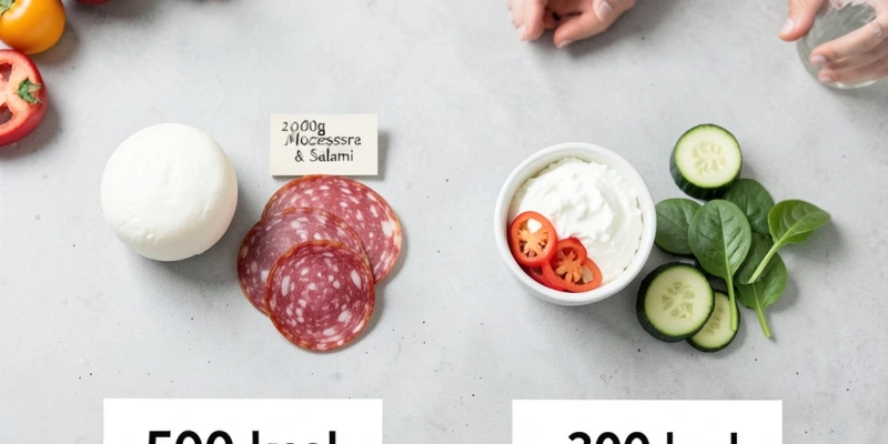 Zutatenliste für zwei Pizza-Varianten nebeneinander: links klassisch mit 200g Mozzarella und Salami, rechts mit 100g Mozzarella, Hüttenkäse als Eiweißquelle, Paprika, Zucchini und Spinat – mit geschätzter Kaloriendifferenz als einfache Zahl darunter