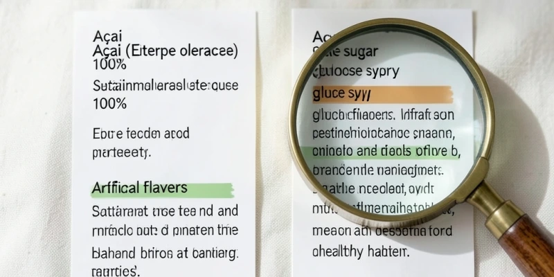 Zutatenliste zweier typischer Açaí-Produkte im Vergleich: eines mit reinem Açaí, eines mit Zuckerzusatz und Aromen – Lesebeispiel für informierte Kaufentscheidung