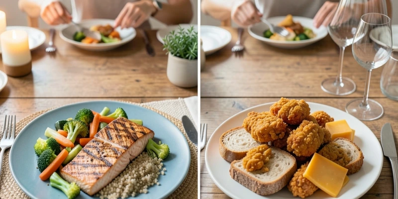 Zwei Abendessen im Vergleich: Teller mit bewusster Mahlzeit ohne Alkohol vs. Teller mit Spontanessen nach zwei Gläsern Wein – Fritiertes, Brot, Käse – zeigt Mehrkonsum durch Heißhunger