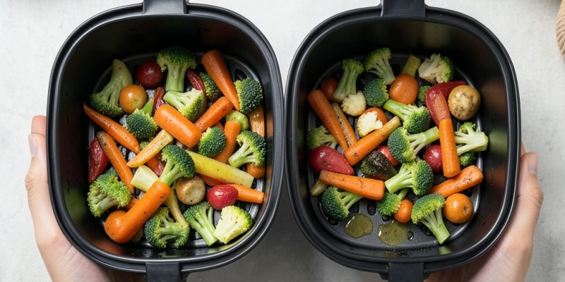 Zwei Airfryer-Körbe nebeneinander – links gleichmäßig eingesprühtes Gemüse, rechts mit sichtbaren Öllachen am Boden des Korbs