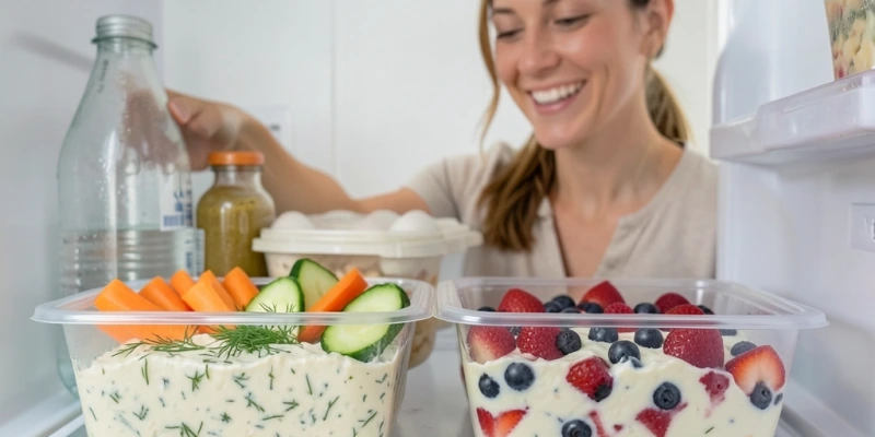 Zwei befüllte Meal-Prep-Behälter im Kühlschrank: einer mit Kräuterquark-Dip und Gemüsesticks, einer mit Quark-Beeren-Mischung – realistisch, kein Studio-Setup
