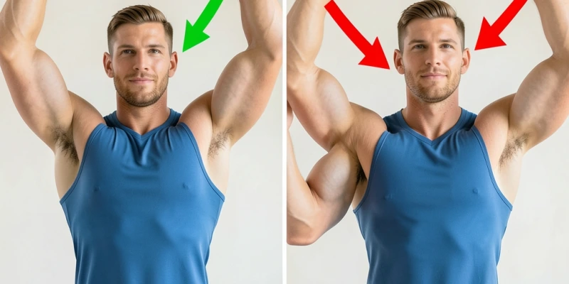 Zwei Bilder nebeneinander – links: korrekte Shrug-Ausführung mit gerader Schulterführung nach oben; rechts: fehlerhaftes Schulterrollen mit Vorwärtsrotation, sichtbare Abweichung der Schulterblattbewegung