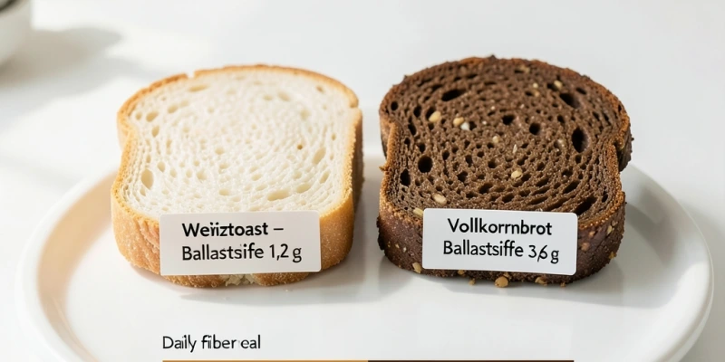 Zwei Brotscheiben nebeneinander – links Weißtoast mit Ballaststoffgehalt 1,2 g sichtbar, rechts Vollkornbrot mit 3,6 g – darunter Tagesziel 30 g als Balkendiagramm