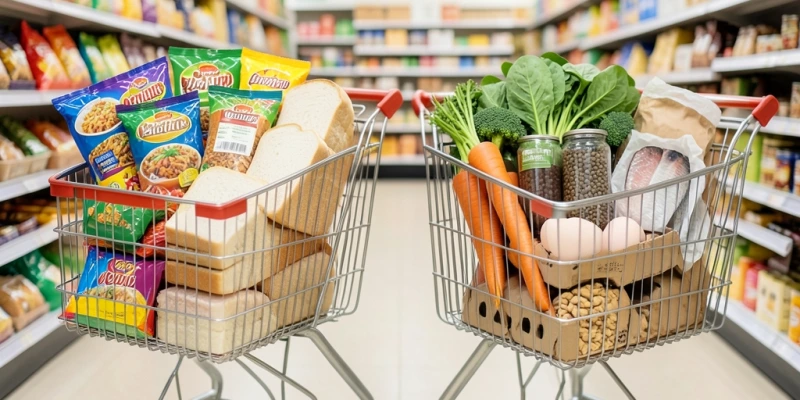 Zwei Einkaufswagen im Vergleich – einer gefüllt mit stark verarbeiteten Produkten (Fertiggerichte, Süßigkeiten, Weißbrot), der andere mit Gemüse, Hülsenfrüchten, Eiern, Fisch und Nüssen – ohne Beschriftung „gut" oder „schlecht", nur die sichtbare Zusammensetzung