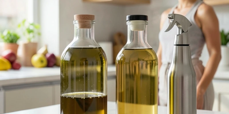 Zwei Flaschen Olivenöl nebeneinander – eine trüb-ungefilterte und eine klar-gefilterte Variante, daneben ein Ölsprüher