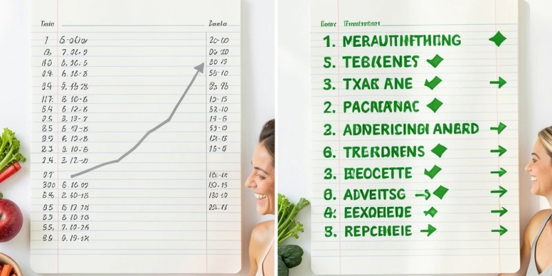 Zwei Fortschritts-Dokumentationen nebeneinander: links Waagenprotokoll (kaum Veränderung), rechts Trainingslog mit zunehmend schwierigeren Varianten – zur Illustration, dass der Trainingsfortschritt mehr aussagt als das Gewicht