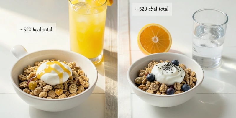 Zwei Frühstücke im Vergleich: links Müsli + 250 ml Orangensaft (~520 kcal gesamt), rechts dasselbe Müsli + 1 Orange + Wasser (~460 kcal gesamt) – gleiches Volumen, mehr Sättigungssignale beim rechten Teller