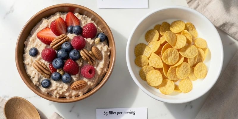 Zwei Frühstücksbowls nebeneinander – links Haferflocken mit Beeren und Nüssen, rechts Cornflakes mit Milch – mit Beschriftung der unterschiedlichen Ballaststoffgehalte und geschätzten Blutzuckerverläufe