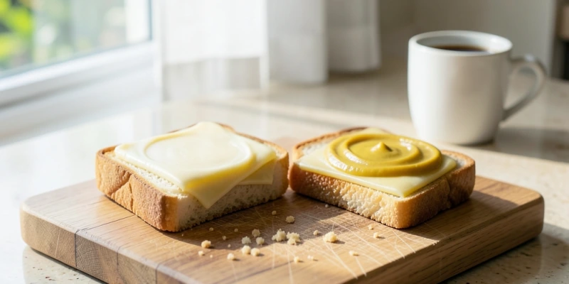 Zwei Frühstücksbrote auf einem Holzbrett – eines mit Butterschicht und Käse, eines mit Senf und Käse – kein inszenierter Diät-Kontext, sondern ein normaler Alltags-Tisch