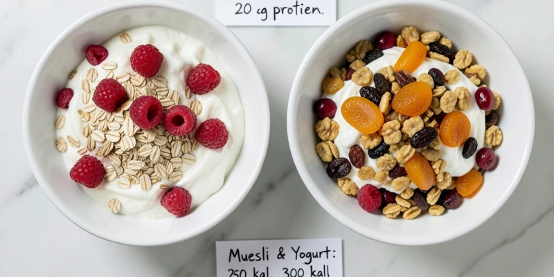 Zwei Frühstücksschüsseln nebeneinander: links 150 g Magerquark mit 50 g Haferflocken (ca. 380 kcal, 26 g Protein); rechts ein Müsli mit Joghurt und Trockenfrüchten (ca. 480 kcal, 10 g Protein) – gleiche Schüsselgröße, deutlich unterschiedliches Nährwertprofil