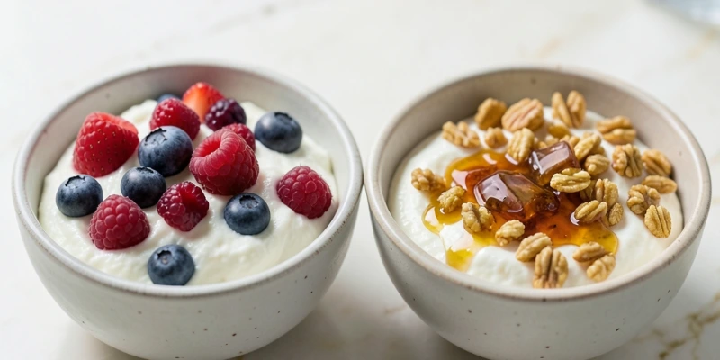 Zwei Frühstücksschüsseln nebeneinander: Links 200 g Magerquark mit 100 g gemischten Beeren – ca. 185 kcal, 24 g Protein. Rechts 200 g Magerquark mit 30 g Granola und 2 EL Honig – ca. 430 kcal, 24 g Protein. Gleiche Proteinmenge, fast doppelte Kalorien.