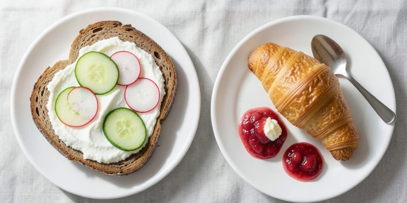 Zwei Frühstücksteller im Vergleich: links zwei Scheiben Roggenbrot mit Quark, Gurke und Radieschen; rechts ein Croissant mit Butter und Marmelade – ähnliche Portionsgröße, deutlich unterschiedlicher Sättigungseffekt und Nährstoffgehalt