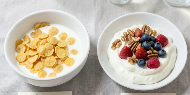 Zwei Frühstücksteller nebeneinander: Einer mit 50 g Cornflakes und Milch (ca. 250 kcal, 7 g Eiweiß), einer mit 200 g griechischem Joghurt, 30 g Nüssen und einer Handvoll Beeren (ca. 280 kcal, 17 g Eiweiß) – ähnliche Kalorienmenge, sehr unterschiedliche Sättigungswirkung
