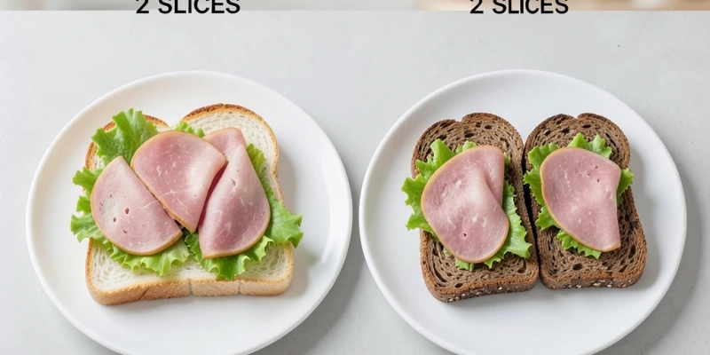 Zwei Frühstücksteller nebeneinander – links Weißtoast mit Aufschnitt, rechts dunkles Vollkornbrot mit ähnlichem Belag – mit Beschriftung: gleiche Scheibenzahl, unterschiedliche Sättigungswirkung