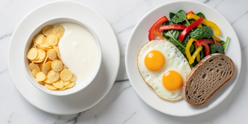Zwei Frühstücksteller nebeneinander – links 60g Cornflakes mit Milch, rechts 3 Eier mit Gemüse und 30g Vollkornbrot. Beschriftung: "Gleiche Kalorienmenge, unterschiedliche Sättigungsdauer"