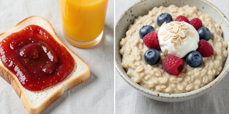 Zwei Frühstücksvarianten im Vergleich – links: Weißbrot mit Marmelade und Orangensaft, rechts: Haferflocken mit Joghurt und Beeren. Beschriftung mit jeweiligen Proteinmengen und Ballaststoffgehalten
