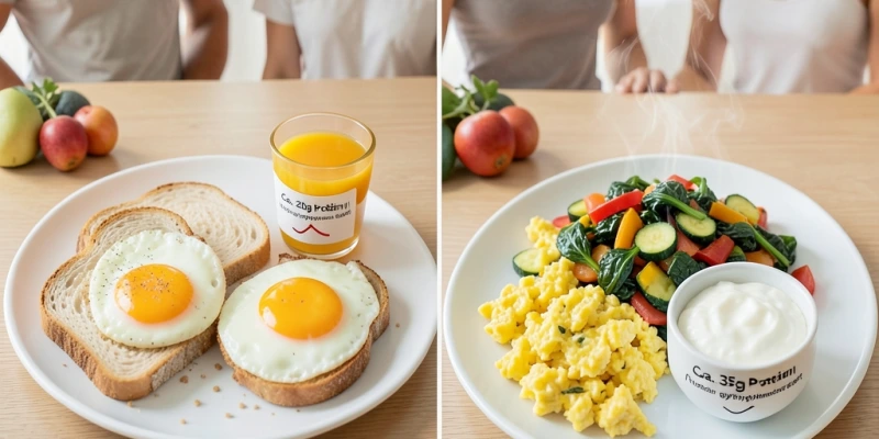 Zwei Frühstücksvarianten im Vergleich: links 2 Eier + weißer Toast + Saft (ca. 20 g Protein, hohe Blutzuckerkurve); rechts 2 Eier + Gemüsepfanne + Quark (ca. 35 g Protein, flachere Blutzuckerkurve) – Beschriftung zeigt Proteingehalt und glykämischen Effekt