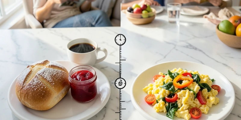 Zwei Frühstücksvarianten mit ähnlicher Kalorienmenge: ein süßes Brötchen mit Marmelade vs. Rührei mit Gemüse – daneben ein Balken, der zeigt, wie lange jede Variante sättigt