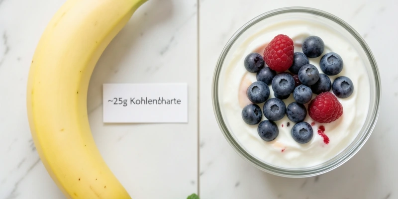 Zwei Frühstücksvarianten nebeneinander: links eine Banane (ca. 25g Kohlenhydrate), rechts 150g Joghurt mit Beeren – kleine Pre-Workout-Optionen vor moderatem Training
