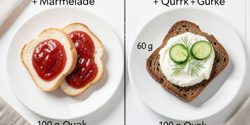 Zwei Frühstücksvarianten nebeneinander – links: 60 g Weißbrot mit Marmelade; rechts: 60 g Vollkornbrot mit 100 g Quark und Gurke. Gleiche Kalorienmenge, unterschiedliche Sättigungsdauer und Blutzuckerwirkung – mit kurzen Beschriftungen