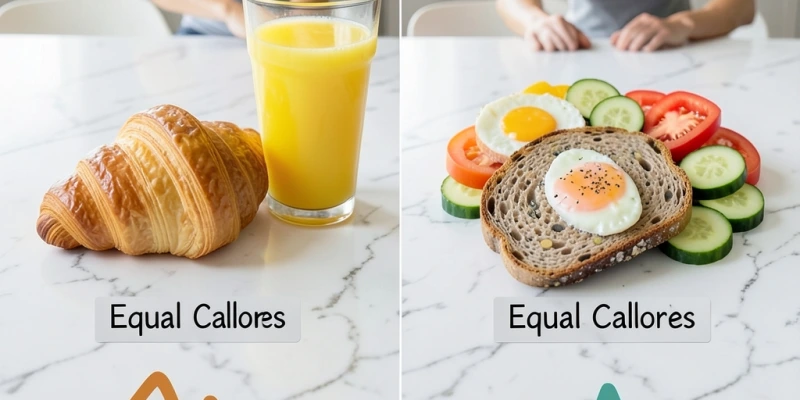 Zwei Frühstücksvarianten nebeneinander: Croissant + Orangensaft vs. Vollkornbrot + Ei + Gemüse – gleiche Kalorienmenge, unterschiedlicher Blutzuckerverlauf als Kurve darunter dargestellt