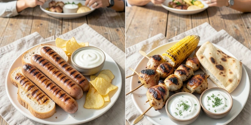 Zwei gefüllte Grillplatten im Vergleich – links klassisch mit Bratwurst, Weißbrot, Mayonnaise-Dips und Chips; rechts mit Hähnchenspießen, Maiskolben, Pitabrot und Joghurtdip – ähnliche Menge, deutlich unterschiedliche Kaloriendichte
