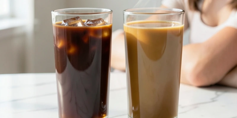 Zwei Gläser im Vergleich – ein Cold-Brew-Kaffee (braun-glänzend, klar) neben einem heißen Filterkaffee, beide ungesüßt – visuell zeigen, dass die Zubereitung die Farbe und Textur verändert