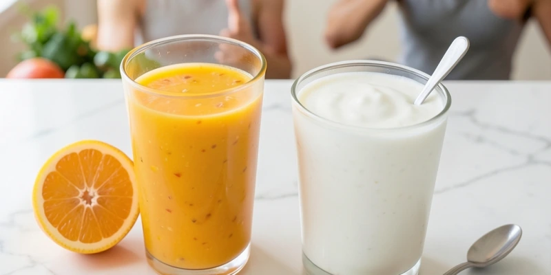 Zwei Gläser nebeneinander: 250 ml Orangensaft (ca. 1g Protein, 0g Ballaststoffe, 25g Zucker) vs. 250 ml Kefir (ca. 8g Protein, 0g Ballaststoffe, 12g Zucker) – verdeutlicht Unterschied im Nährstoffprofil