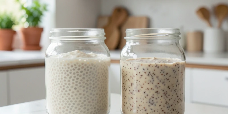 Zwei Gläser nebeneinander – eines mit gequollenen Chiasamen (Pudding-Konsistenz), eines mit geschroteten Leinsamen in Joghurt – zeigt Unterschied in Verwendung und Textur