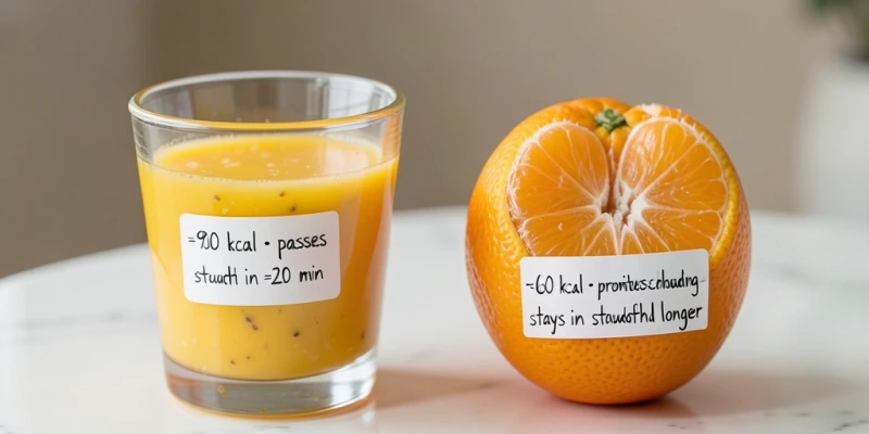 Zwei Gläser nebeneinander: links 200 ml Orangensaft mit Angabe „~90 kcal, passiert den Magen in ~20 Min.", rechts eine Orange mit Angabe „~60 kcal, fördert Kauarbeit, verweilt länger im Magen" – gleiches Lebensmittel, unterschiedliche Sättigungswirkung