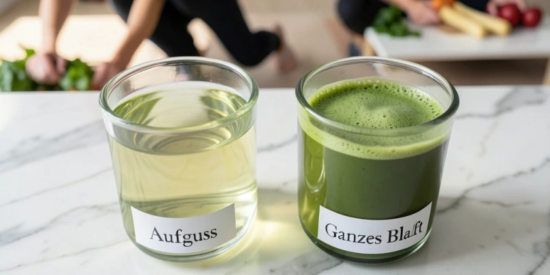 Zwei Gläser nebeneinander – links grüner Tee als helle Flüssigkeit, rechts Matcha als tiefgrüne, leicht schaumige Flüssigkeit – mit Beschriftung: „Aufguss vs. Ganzes Blatt"
