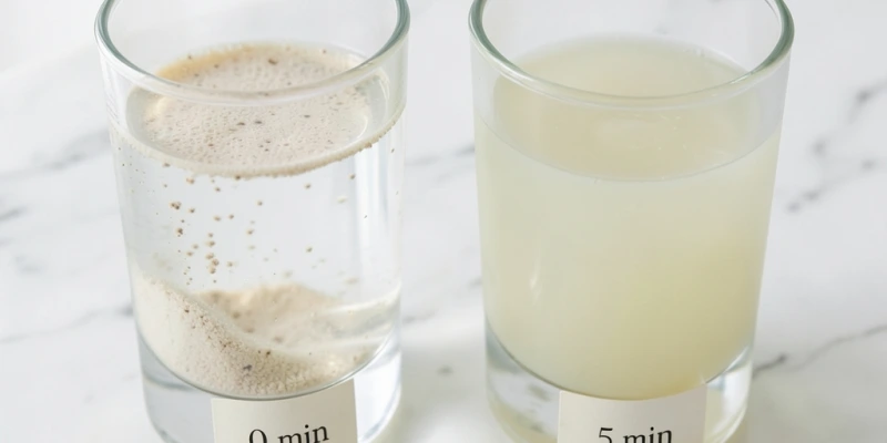 Zwei Gläser nebeneinander – links klares Wasser mit Flohsamenschalen direkt nach dem Einrühren, rechts dasselbe Glas nach 5 Minuten als Gel – mit Zeitangabe „0 min" und „5 min"