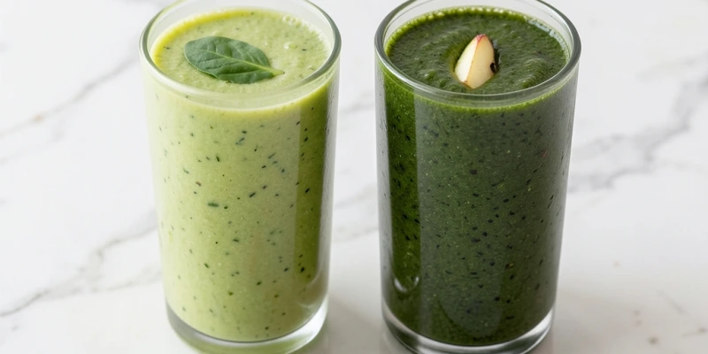 Zwei Gläser Smoothie nebeneinander – links: ein Glas mit 60 % Obst und einem Blatt Spinat (hellgrün), rechts: ein Glas mit 60 % Spinat, Gurke und einem halben Apfel (dunkelgrün) – Zuckergehalt beider Gläser als Zahl darunter