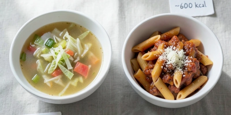 Zwei gleich große Schüsseln nebeneinander – eine gefüllt mit Kohlsuppe (ca. 500ml, ~80 kcal), die andere mit einem typischen Mittagessen mit Pasta und Soße (~600 kcal). Gleiche Portionsgröße, massiver Kalorienunterschied.
