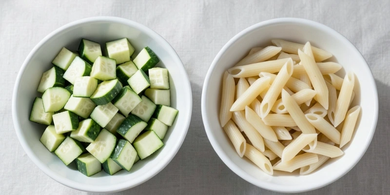 Zwei gleich große Schüsseln nebeneinander – eine mit 200 g Zucchini-Würfeln (ca. 34 kcal), eine mit 200 g gegarten Nudeln (ca. 280 kcal). Gleiche Füllmenge, sehr unterschiedliche Kaloriendichte.