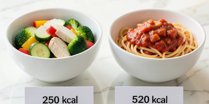 Zwei gleich große Schüsseln nebeneinander: links 300 g Gemüsepfanne mit Zucchini, Paprika, Brokkoli und Hähnchenbrust; rechts eine Portion Pasta mit Tomatensoße – gleiche Portionsgröße, deutlich unterschiedliche Kalorienmenge sichtbar gemacht durch Beschriftung