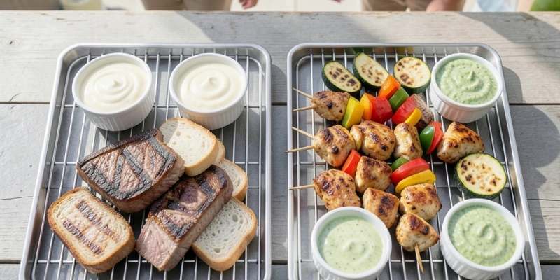 Zwei Grillroste nebeneinander – links: Nackensteaks, Weißbrot, Mayonnaise-Dips; rechts: Hähnchenspieße, gegrilltes Gemüse, Joghurt-Kräuter-Dip – gleiche Menge, deutlich unterschiedliche Kaloriendichte