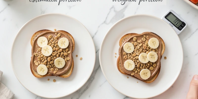 Zwei identisch aussehende Frühstücksteller – eines mit geschätzten Portionen, eines mit abgewogenen. Text zeigt die Kalorienabweichung zwischen beiden Varianten – z. B. 180 kcal Unterschied allein durch Nussbutter