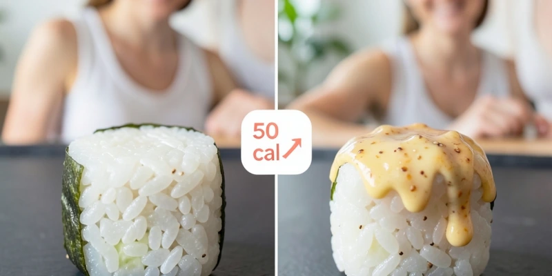 Zwei identisch aussehende Maki-Rollen – eine natur, eine mit Spicy-Mayo-Topping – mit schematischer Kaloriendifferenz durch Sauce dargestellt
