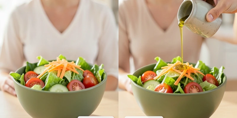 Zwei identisch aussehende Salatportionen: einer ohne Fett (kaum Vitaminaufnahme), einer mit einem Esslöffel Olivenöl – Infografik zeigt Vitaminaufnahme im Vergleich