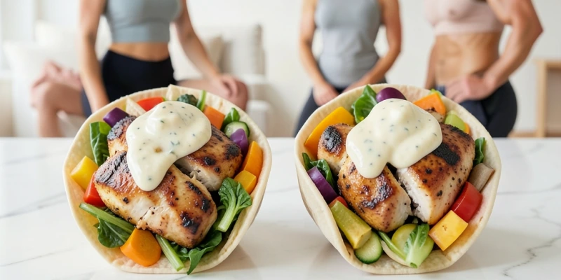 Zwei identisch befüllte Wraps nebeneinander – einer ohne Sauce, einer mit zwei Esslöffeln Caesar-Dressing. Unter jedem Wrap steht der ungefähre Kaloriengehalt. Zeigt visuell, wie unsichtbar der Unterschied am Teller ist.