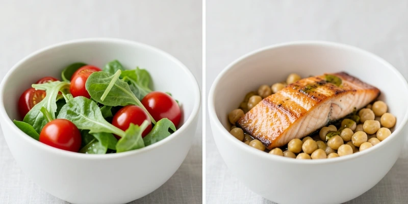 Zwei identisch große Salatportionen: eine mit Gemüse pur, eine mit Gemüse, Kichererbsen, Olivenöl und Lachs – gleiches Volumen, aber unterschiedliche Sättigungswirkung und Nährstoffzusammensetzung