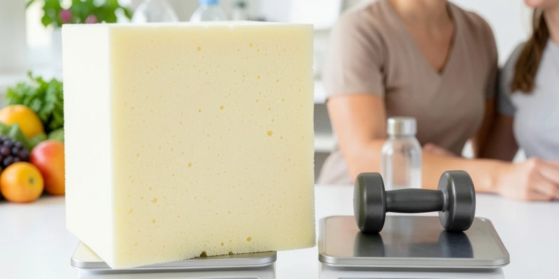 Zwei identisch schwere Gewichte – eines aus Styropor (groß), eines aus Metall (klein) – als Analogie für Fett- vs. Muskelvolumen bei gleichem Gewicht