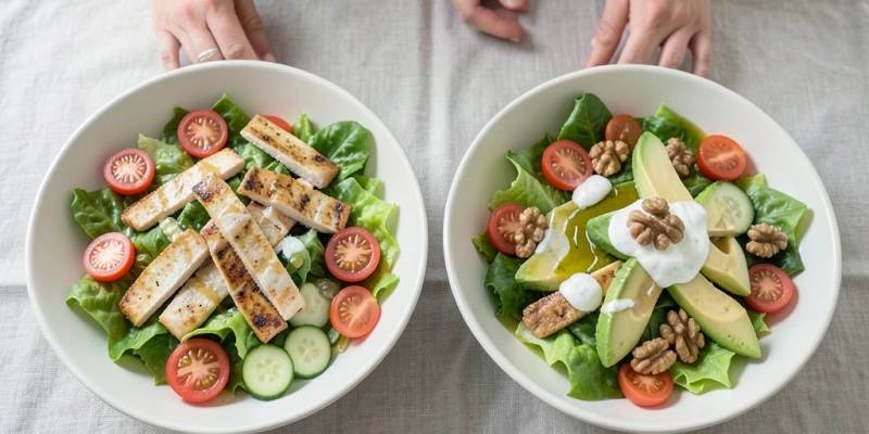 Zwei identisch wirkende Salatschüsseln – eine mit 250 kcal (viel Gemüse, wenig Öl, mageres Protein), eine mit 650 kcal (gleiche Basis, aber reichlich Olivenöl, Avocado, Nüsse, Dressing). Beide „clean", sehr unterschiedliche Energiemenge.