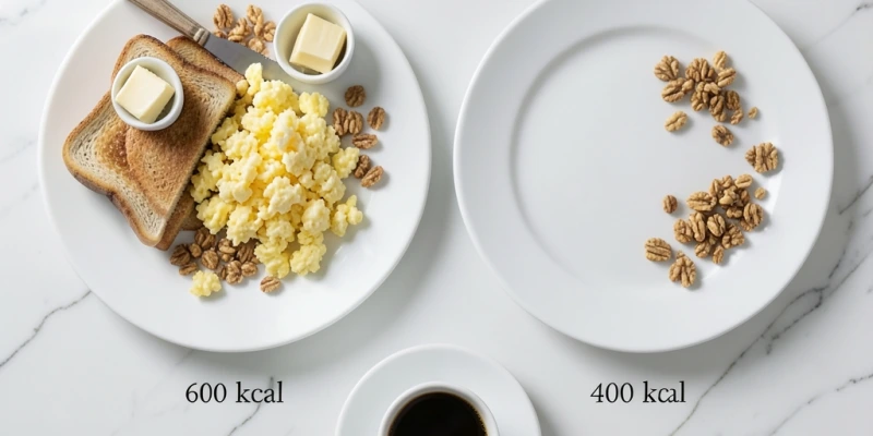 Zwei identische Frühstücksteller – einer mit 600 kcal, einer mit 400 kcal durch kleinere Portionen; darunter eine Kaffeekasse als visueller Hinweis auf das Timing